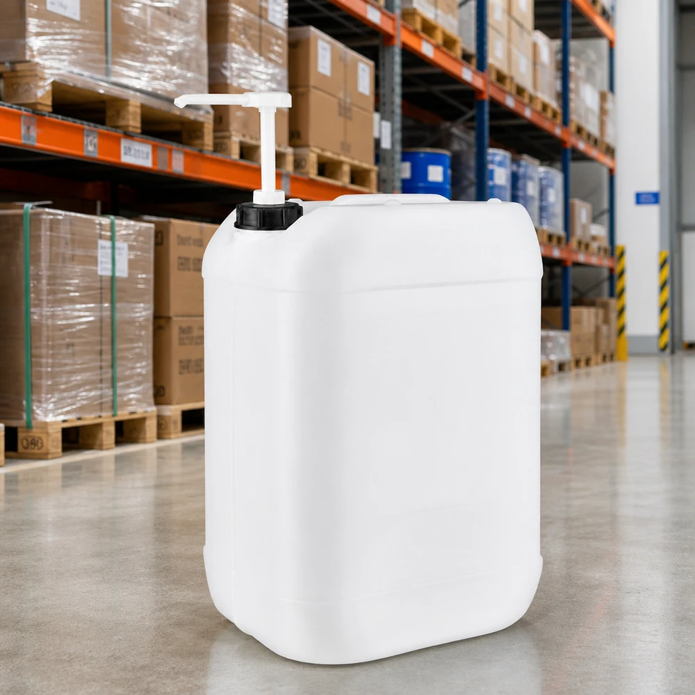 Jerrican de 25 litres avec pompe doseuse Grand bidon empilable de 25 litres équipé d'une pompe de distribution, entre les rayonnages du centre logistique