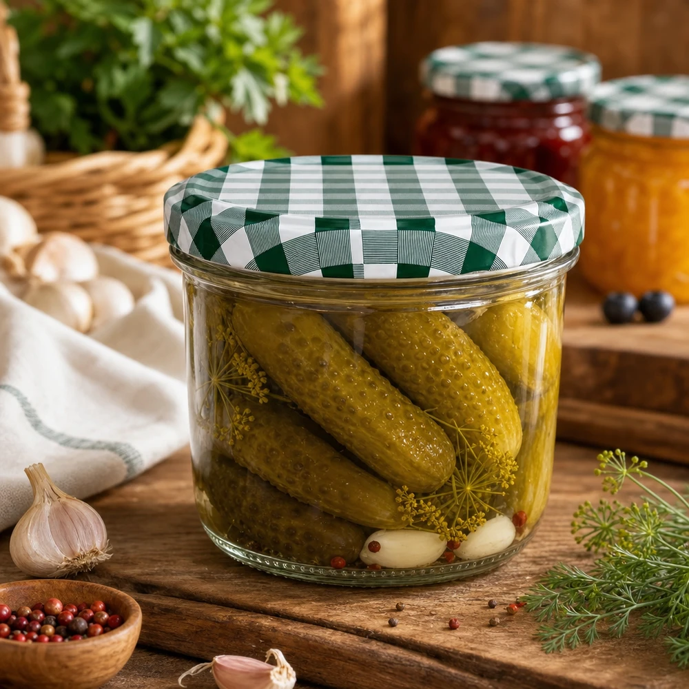 230ml Verre conique avec couvercle BasicSeal vert/blanc UNiTWIST Cornichons en bocal 230ml Cornichons au vinaigre remplis BasicSeal couvercle vert et blanc à carreaux Conserver Aneth bleu