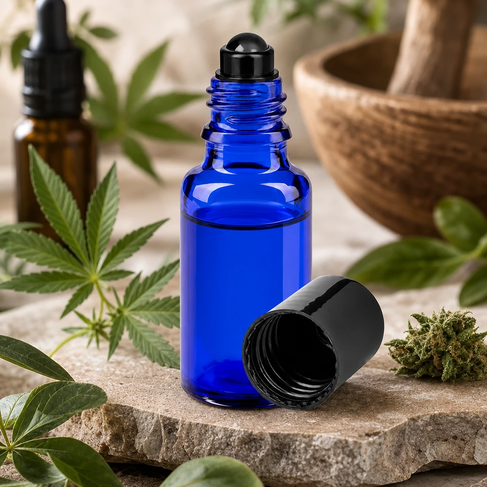 Flacon de déodorant en verre bleu 20 ml, déo à bille vide Flacon en verre bleu de 20 ml avec bouchon à bille noir pour huile de CBD et cosmétiques naturels