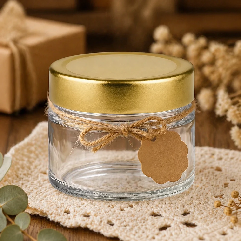 80ml Verre rond avec couvercle BasicSeal or UNiTWIST Verre rond de 80 ml avec couvercle BasicSeal or deep décoratif sur couverture au crochet avec boucle en jute et étiquette cadeau