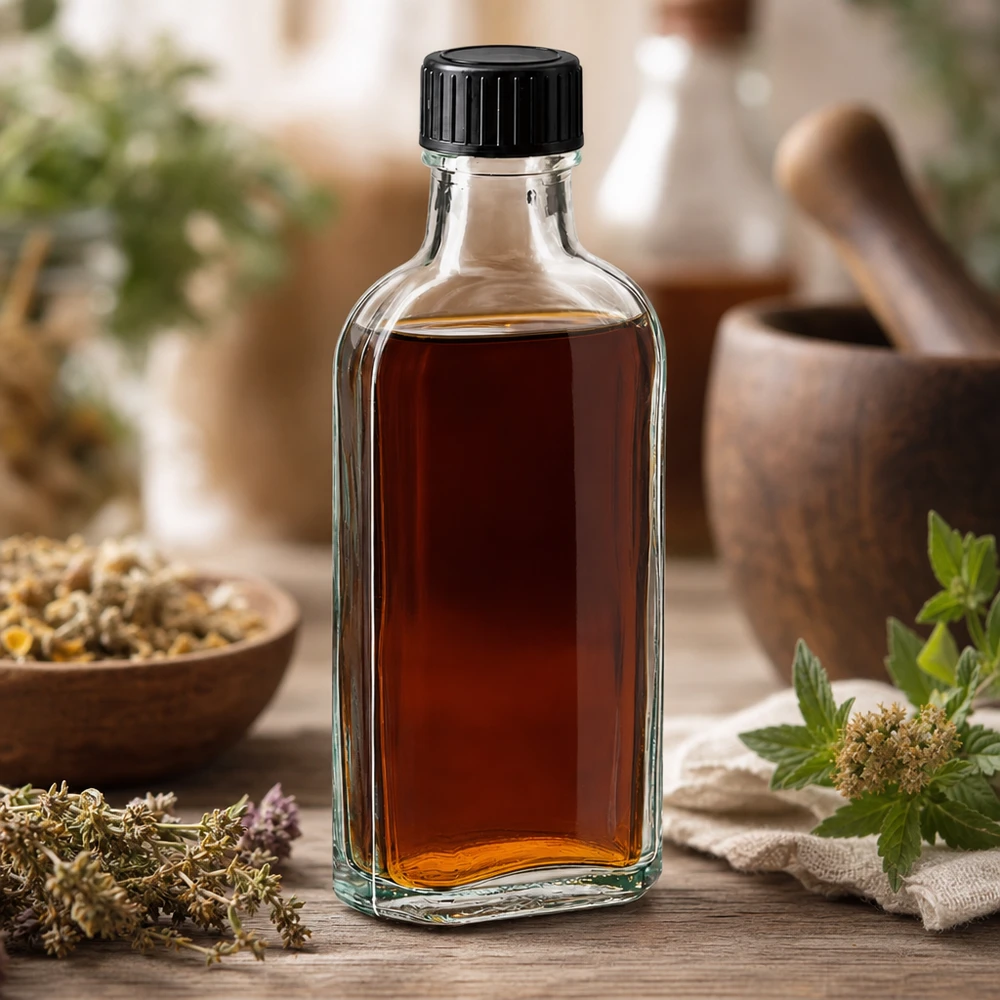 Flasque transparente de 100 ml au goulot DIN 22, avec bouchon à vis DIN 22 noir et joint PEE Flacon Meplat de 100 ml rempli d'extrait de plantes, posé sur une table en bois rustique avec un mortier en arrière-plan