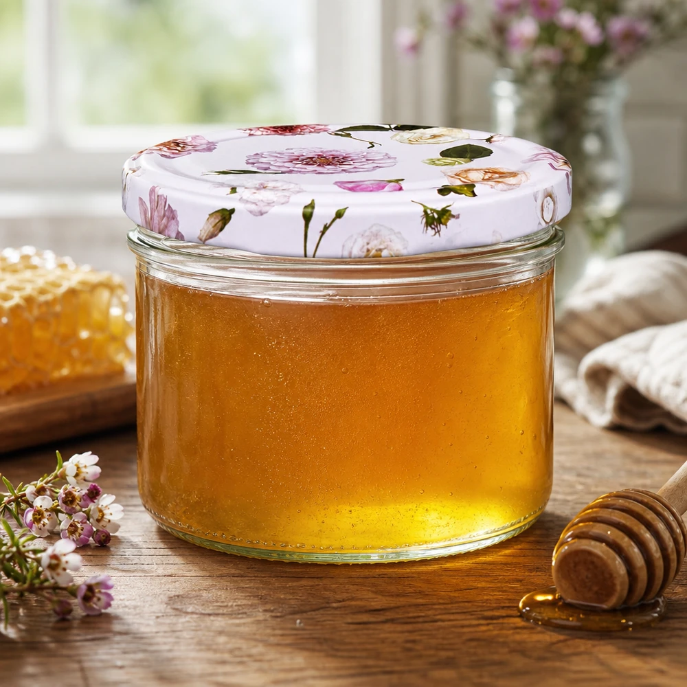 Pot de miel 230ml avec couvercle BasicSeal fleur rose - miel doré avec cuillère à miel et alvéoles dans cuisine