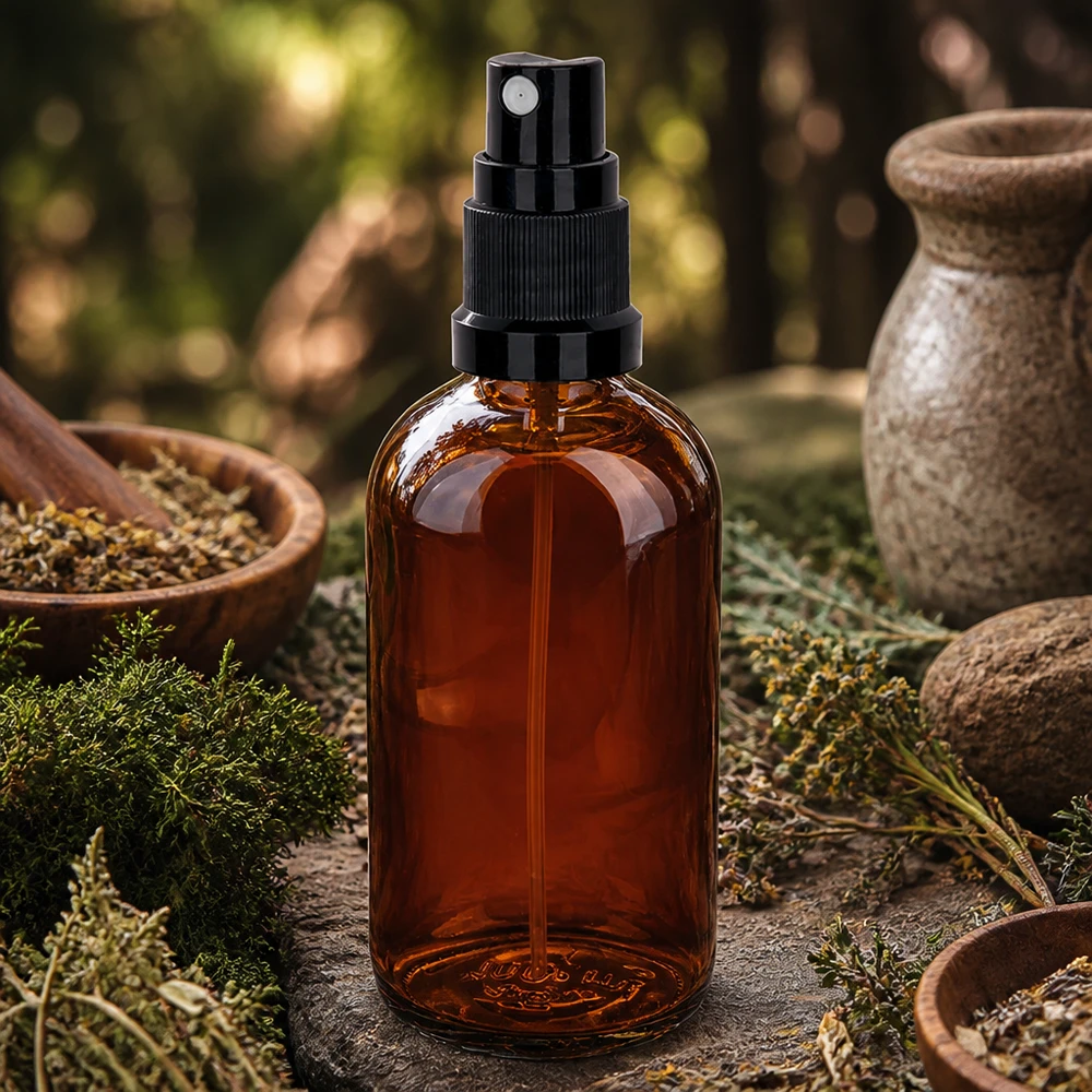 Flacon pulvérisateur ambré de 100 ml UT18/100 avec diffuseur noir, au milieu d'herbes naturelles