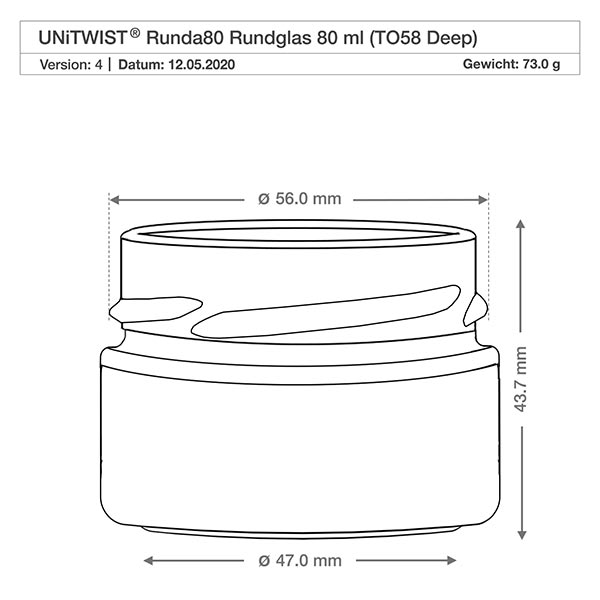 80ml Verre rond sans couvercle (TO58deep) UNiTWIST UNiTWIST verre rond 80ml TO58 Deep avec dimensions 56mm diamètre et 43,7mm hauteur dessin technique