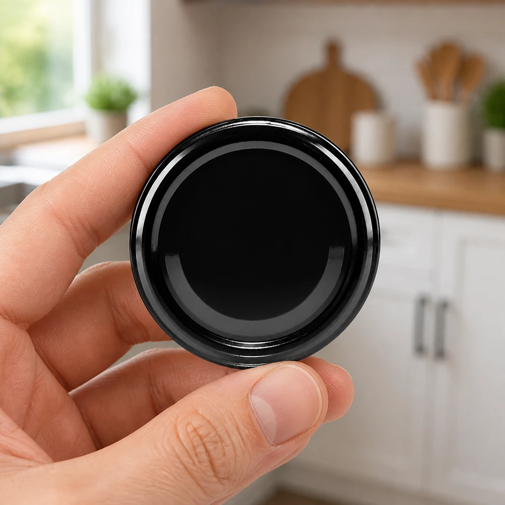 Une main tient un couvercle noir TO63 UNiTWIST BioSeal sans BPA pour confitures et conserves