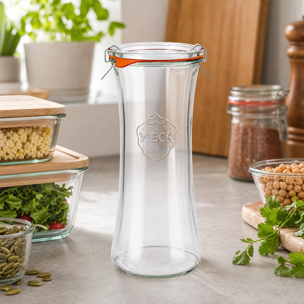 WECK Pot à délicatesse de 700ml RR80 vide avec couvercle dans la cuisine moderne entre les bocaux à provisions et les herbes fraîches