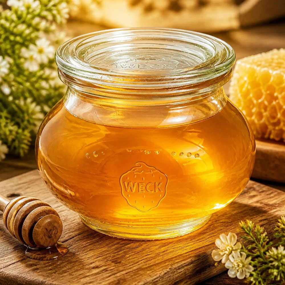 WECK Pot à bijoux 220ml rempli de miel doré Cuillère à miel Nid d'abeille Décoration de cuisine naturelle