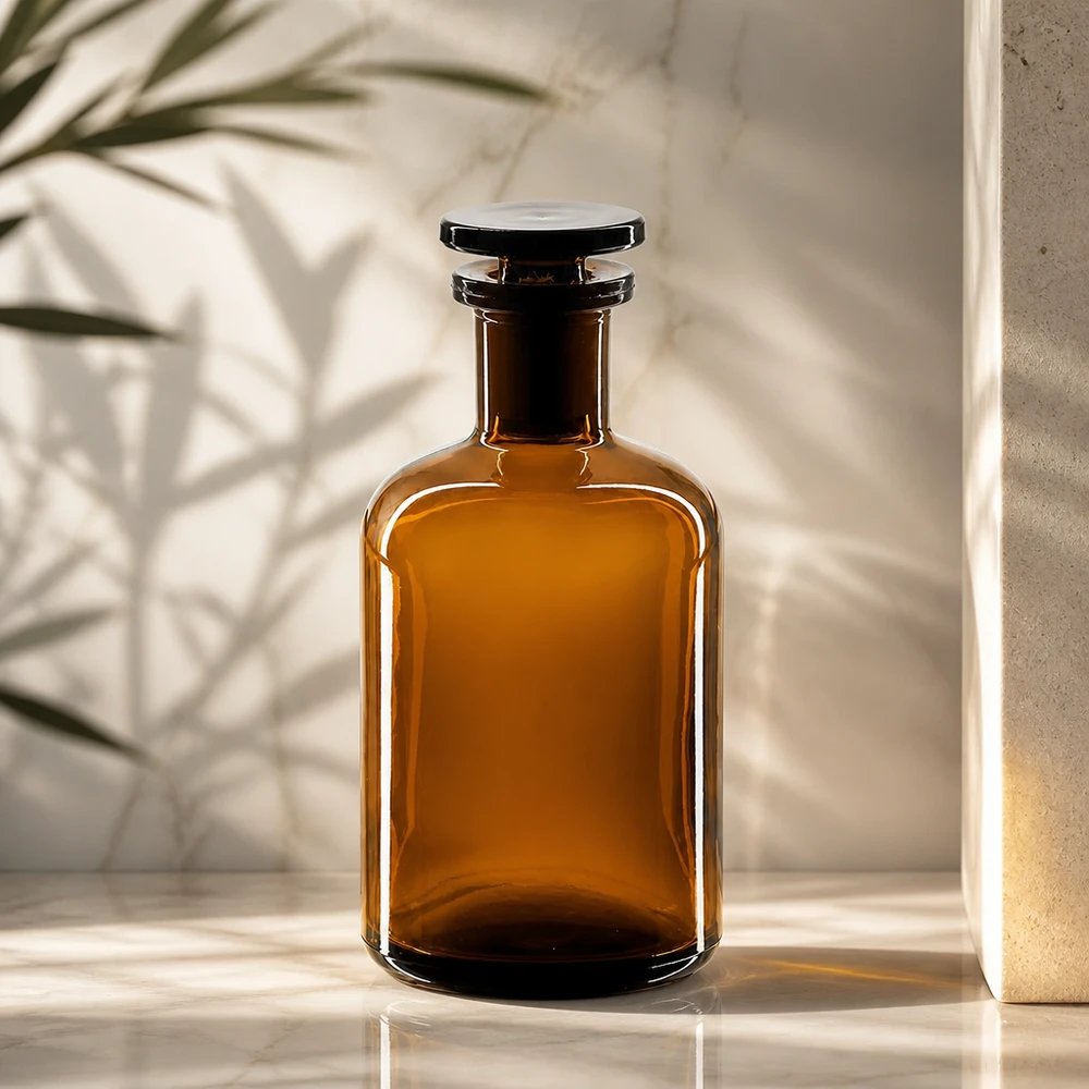 Flacon pharmaceutique 100 ml col étroit en verre ambré + bouchon Flacon de stockage de 100 ml, en verre ambré, à épaulement arrondi et col étroit, avec bouchon en verre hermétique, qualité laboratoire