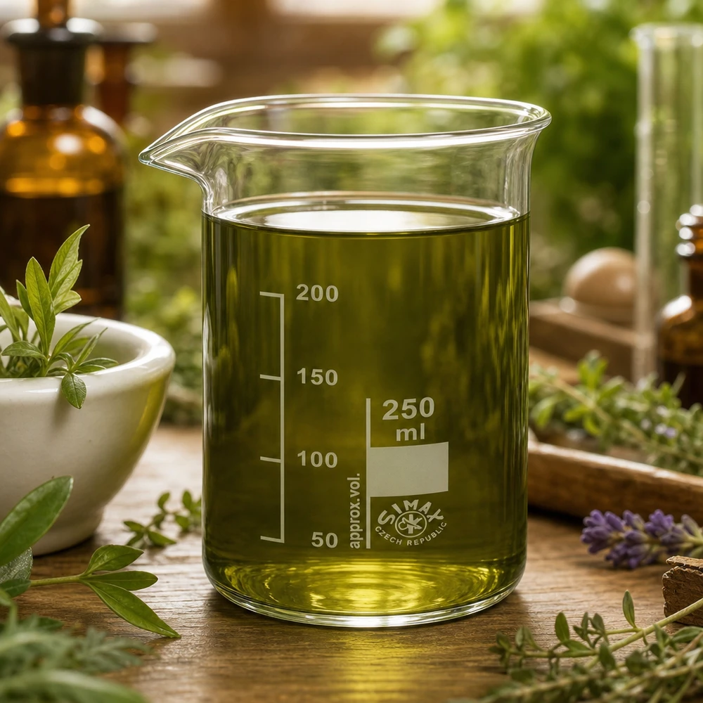 Bécher 250ml en verre borosilicate résistant à la chaleur (forme haute) Verre à bec 250 ml en verre borosilicaté, République tchèque, avec bec verseur, à côté d'un mortier et de lavande, en cours d'utilisation