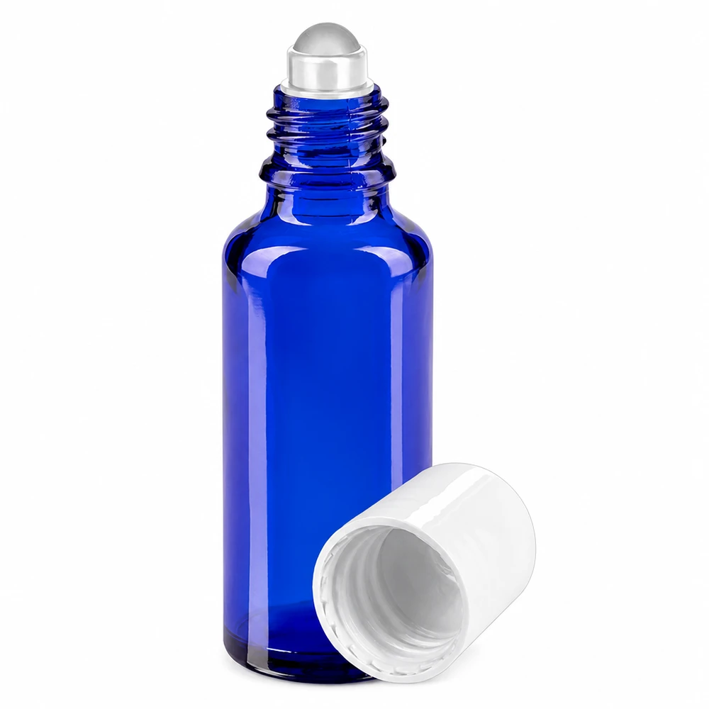Flacon en verre bleu cobalt de 30 ml avec applicateur à bille et bouchon blanc