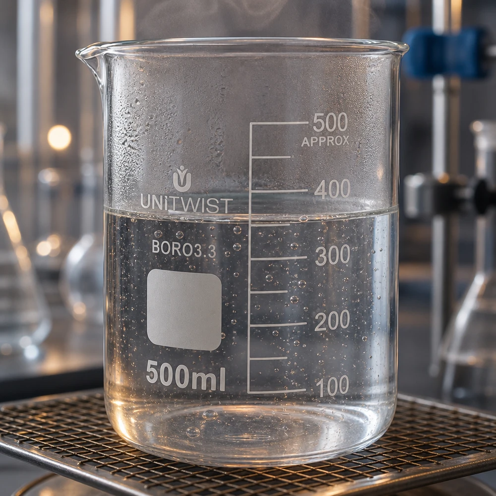 Bécher 500ml borosilicate, forme basse UNiTWIST UNiTWIST, flacon de laboratoire en verre BORO3.3 de 500 ml, forme basse, avec zone d'étiquetage blanche et graduation