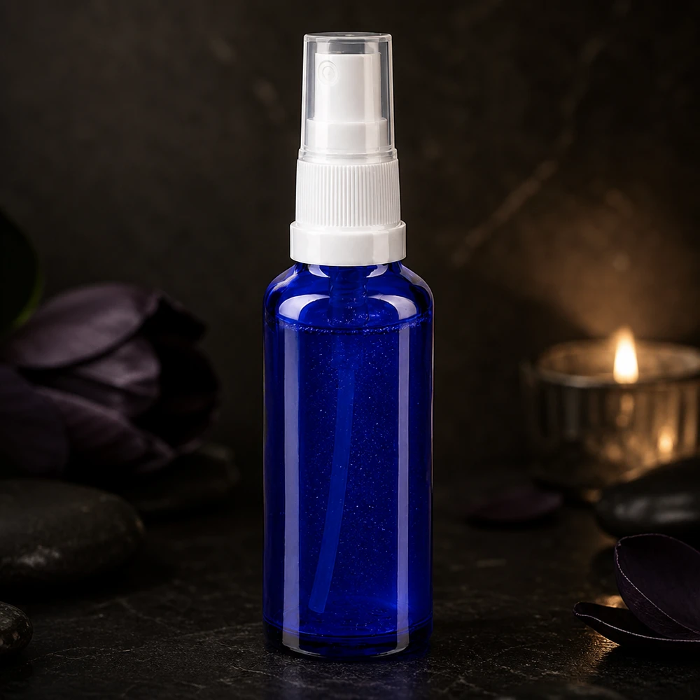 Flacon vaporisateur en verre borosilicaté bleu de 10 ml avec bouchon de protection transparent, posé sur une pierre naturelle