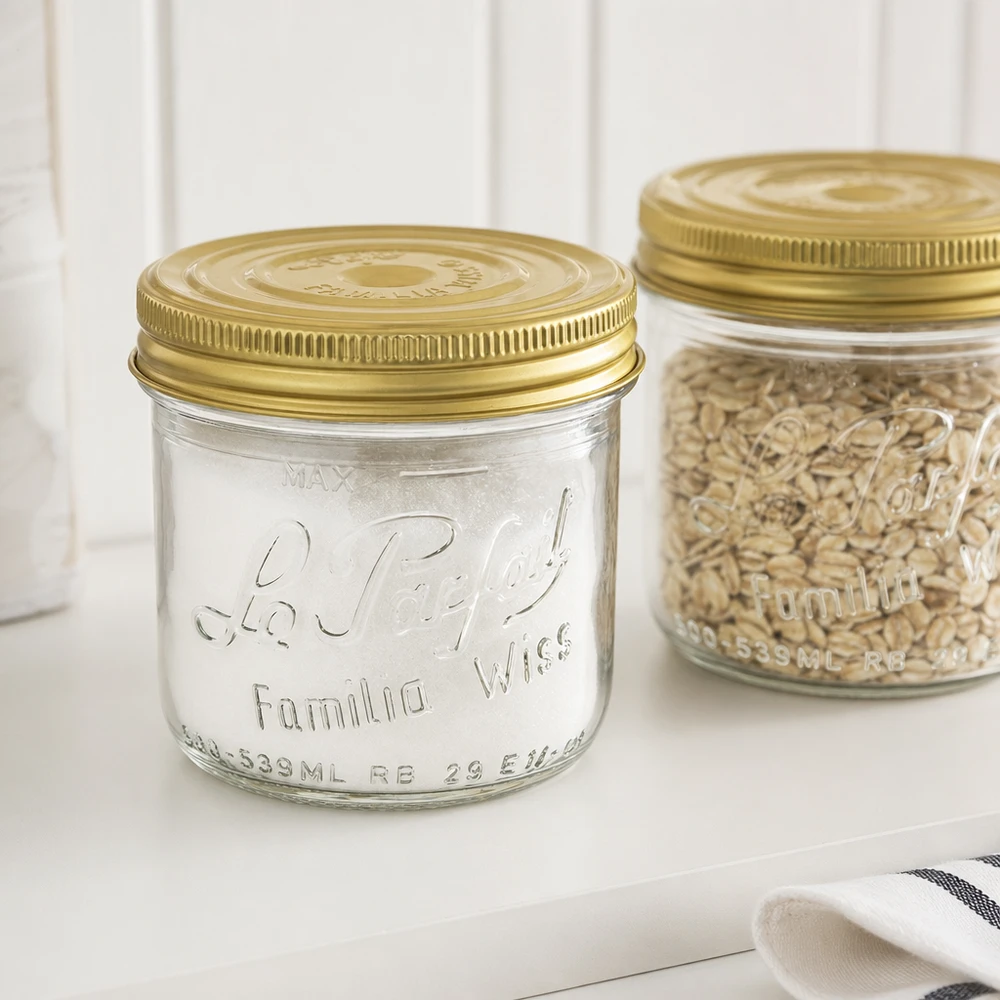539ml pot renversé Familia Wiss avec couvercle doré et pot de conservation avec céréales sur surface blanche