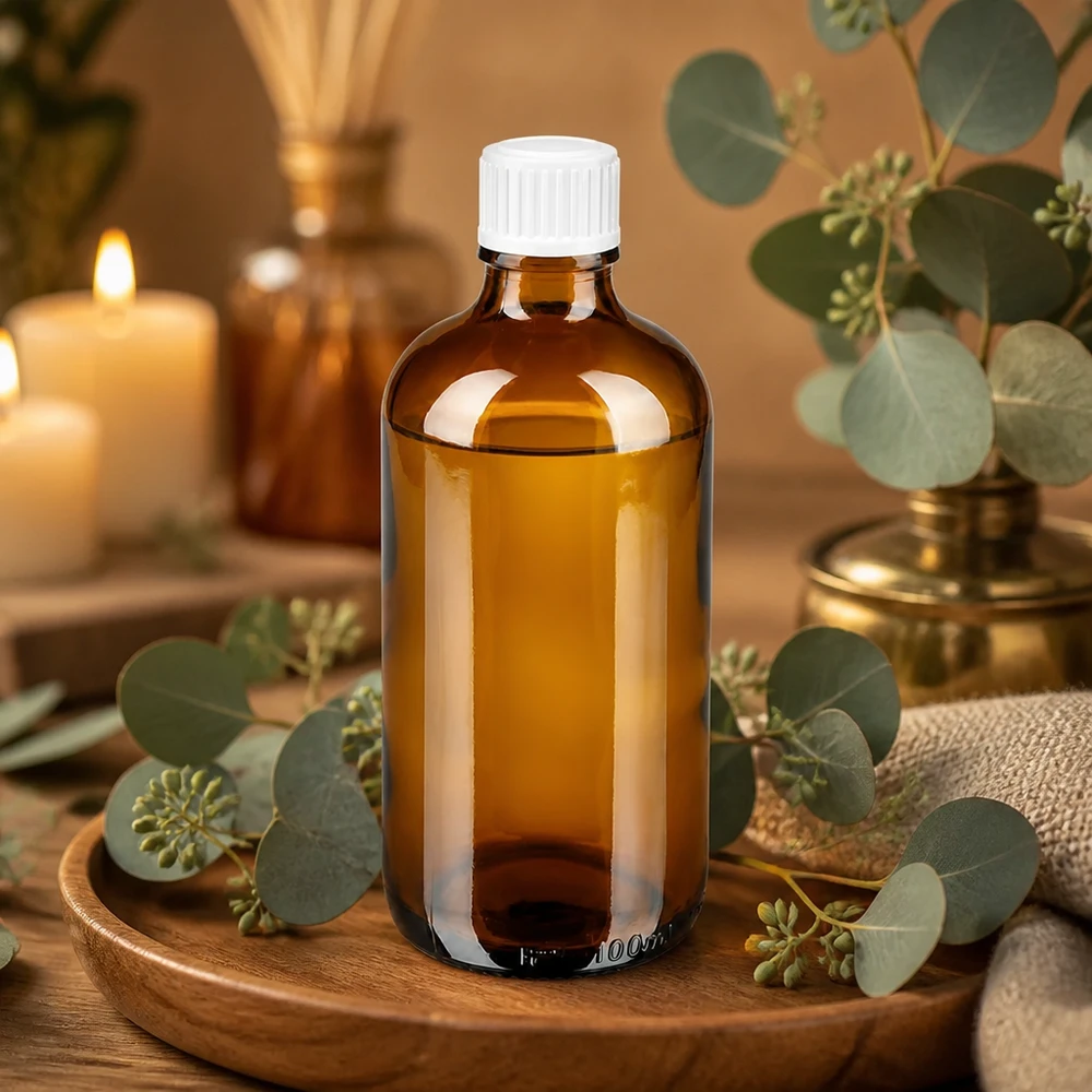 Flacon de pharmacie de 100 ml, couleur ambre, avec bouchon à vis blanc, pour huiles essentielles