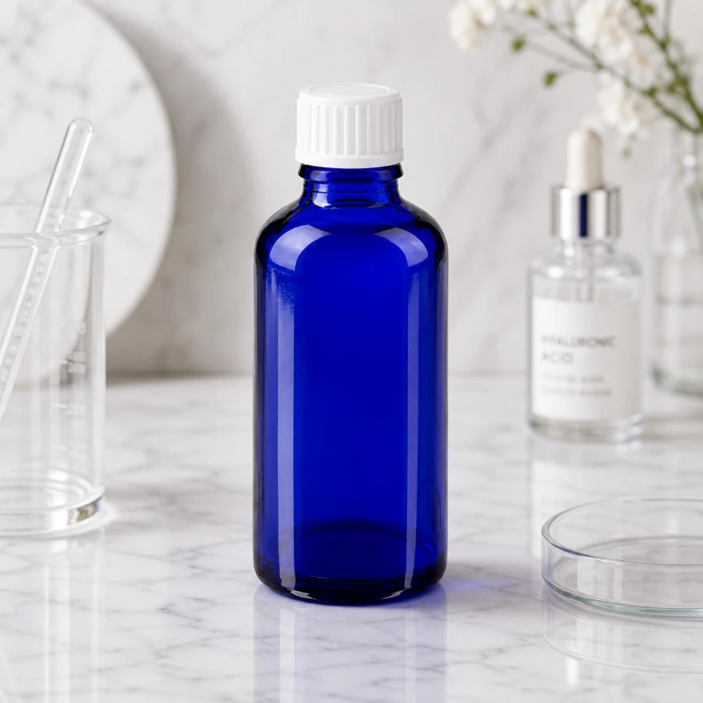 Flacon cylindrique en verre bleu de 50 ml, modèle GR STD, avec protection contre les UV, destiné aux applications de laboratoire