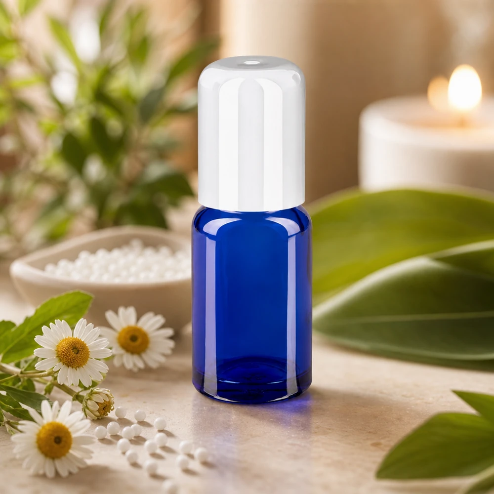 Flacon roll-on 10ml blanc STD BlueLine UT18/10 Flacon roll-on de 10 ml avec protection UV par verre bleu pour les substances sensibles à la lumière