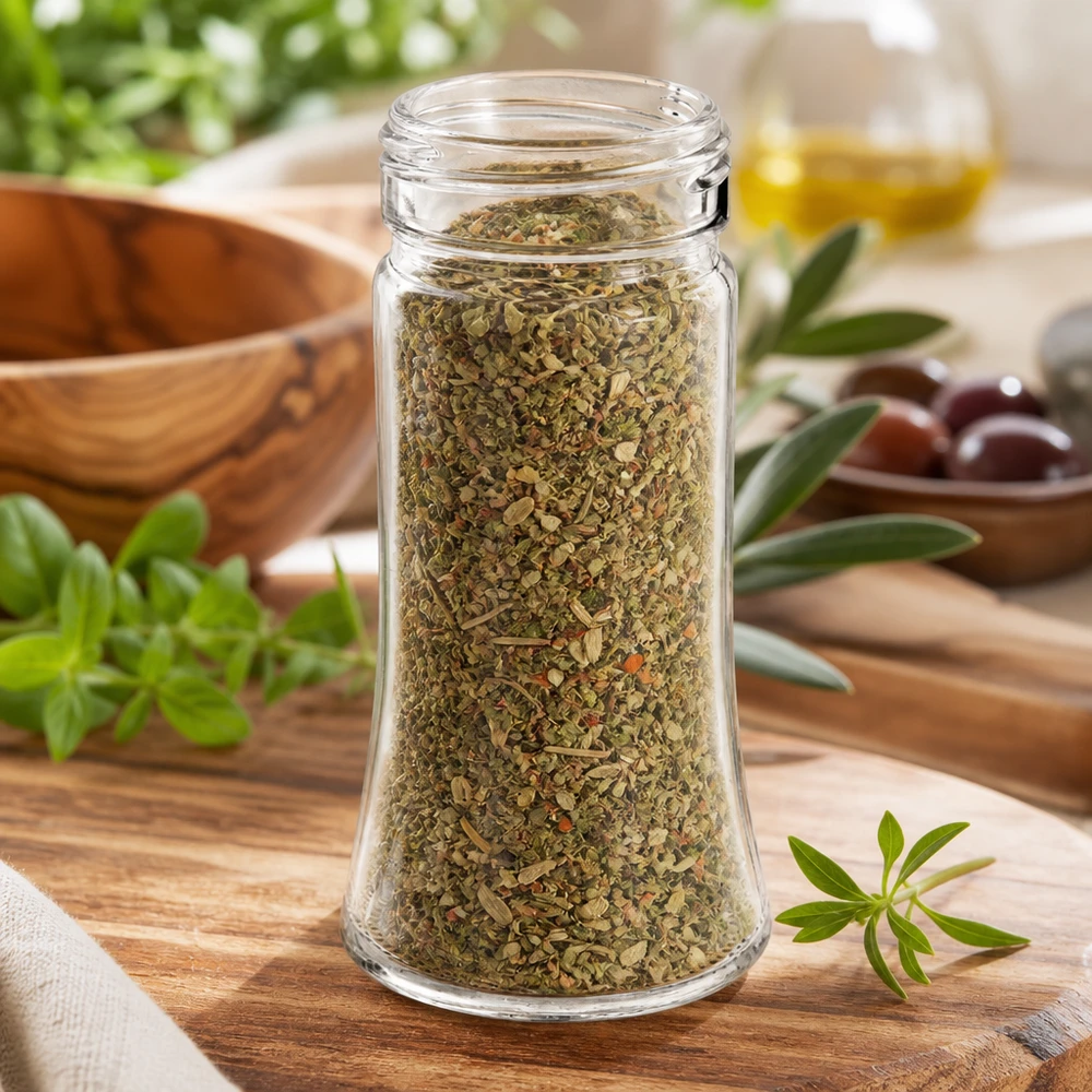 Pot à épices de forme trapézoïdale 95 ml avec filetage 41 mm, en verre clair sans couvercle Pot cylindrique en verre transparent de 95 ml avec filetage de 41 mm pour l'origan et les épices méditerranéennes