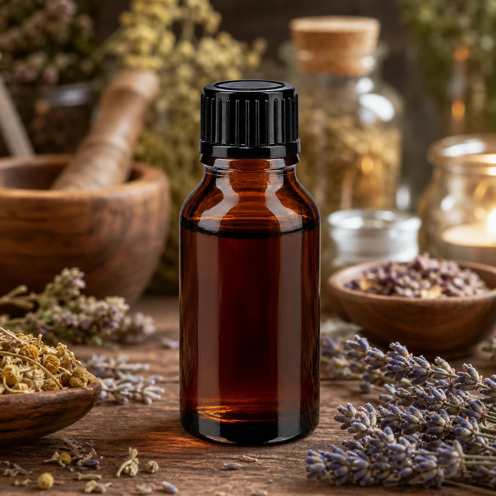 Flacon d'huile essentielle de 15 ml avec compte-gouttes de 1 mm, noir, à côté d'un mortier et de plantes médicinales séchées