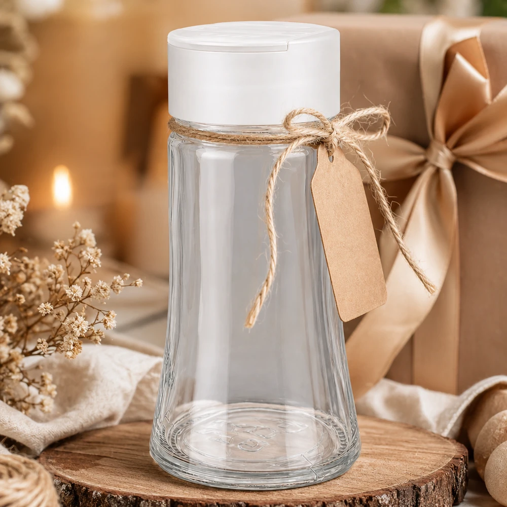 Pot à sel/épices 95 ml avec double saupoudreuse, blanc Pot à épices transparent de 95 ml avec couvercle à double saupoudreuse blanc, ruban cadeau et étiquette en papier kraft