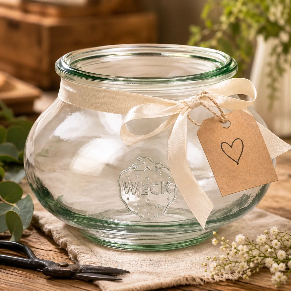 WECK Verre à bijoux 560ml RR80 arrangé de manière décorative avec un ruban couleur crème et un pendentif en forme de cœur sur une table en bois