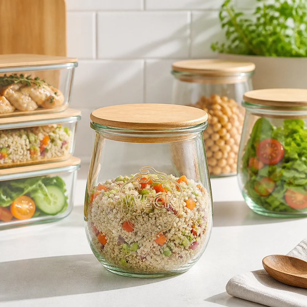 220ml bocal tulipe WECK RR60 avec couvercle en bois WECK Pot tulipe 220ml RR60 Couvercle en bois pour Meal Prep - Pot à provisions avec salade de quinoa et légumes dans une cuisine moderne