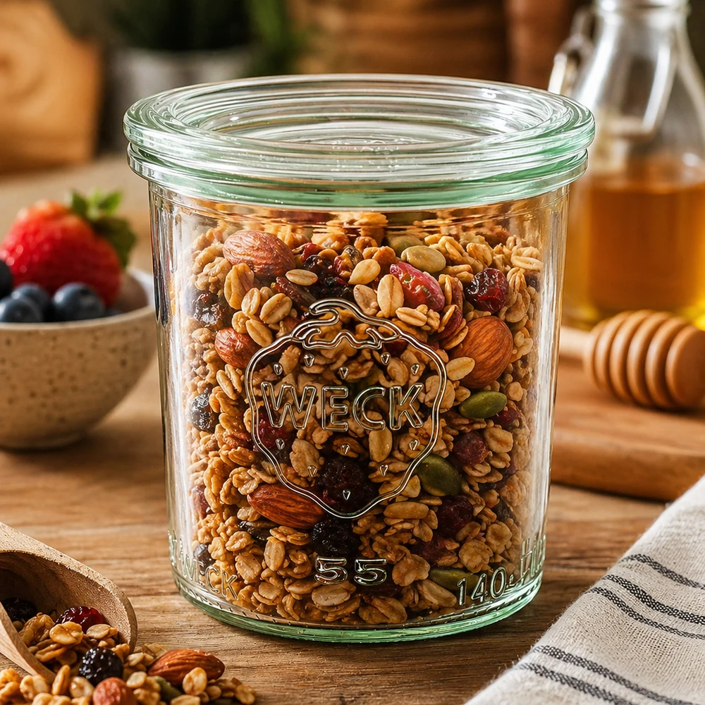 WECK Verre renversé 140ml RR60 rempli d'un mélange de noix et de fruits secs comme bocal de réserve dans une cuisine rustique