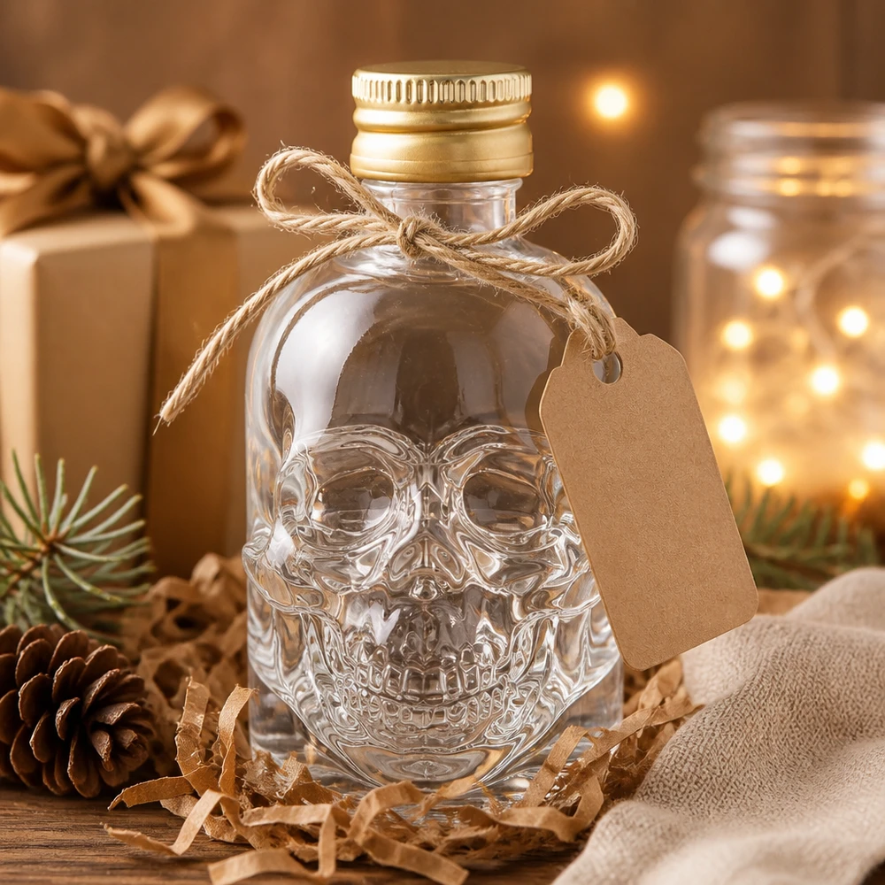 Bouteille en verre 50 ml « Hector » et bouchon à vis doré UNiTWIST® Bouteille en verre de 50 ml Hector Tête de mort vide avec emballage cadeau Pendentif en papier raphia dans une décoration de Noël chaleureuse