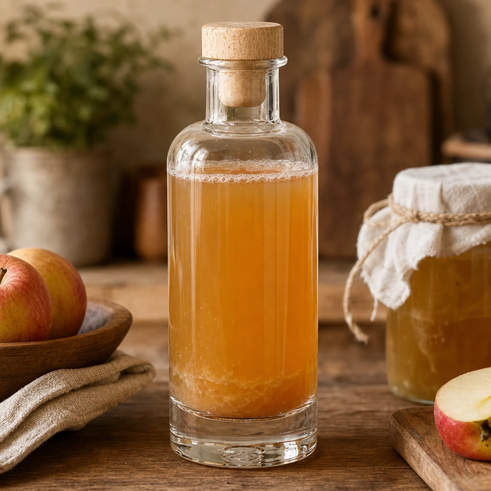 Bouteille Ella » avec bouchon en bois UNiTen verre 200 ml « WIST® Bouteille en verre 200ml Ella avec bouchon en bois remplie de vinaigre de cidre à côté de pommes fraîches et pot de miel dans une cuisine rustique