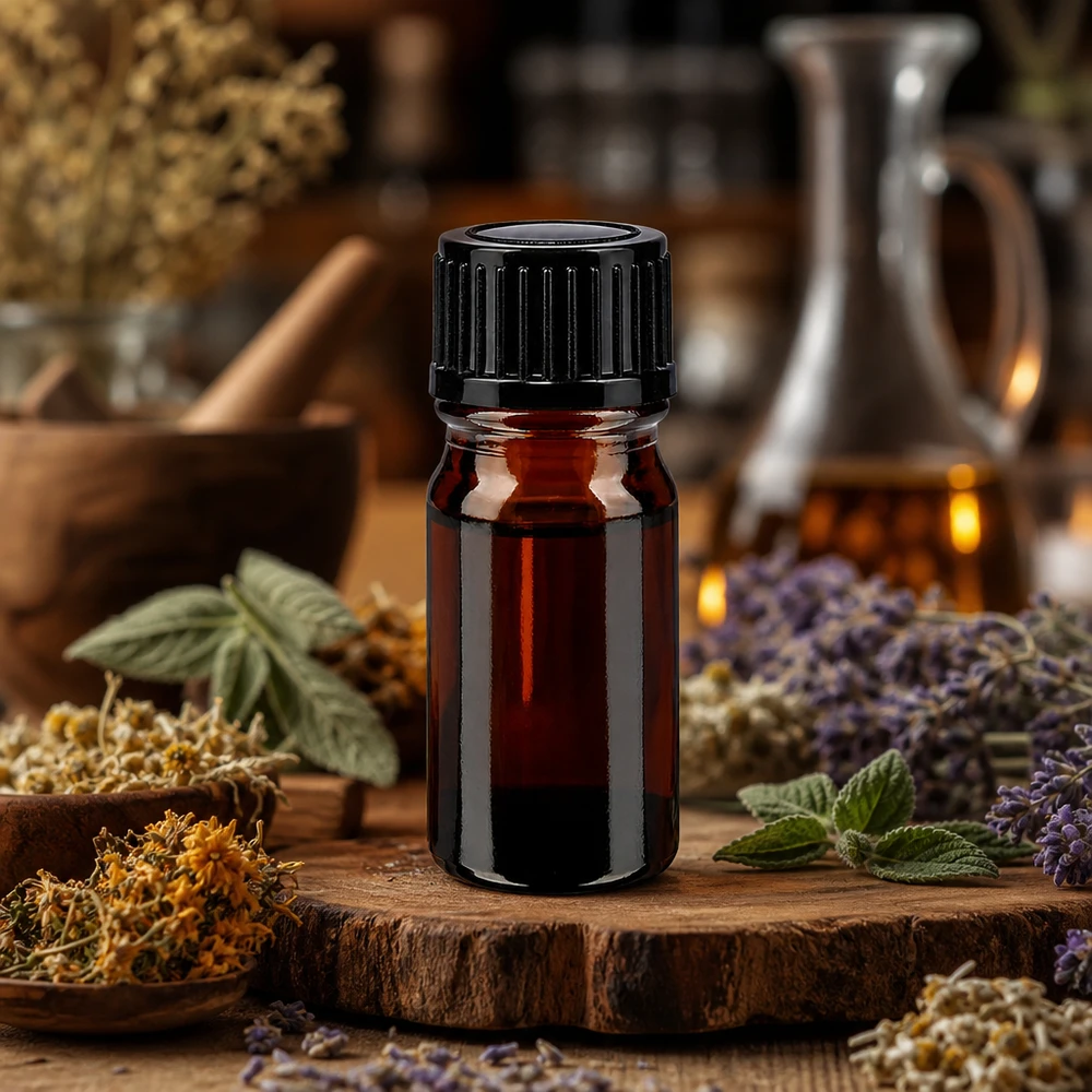 Flacon de pharmacie brun 5ml bouchon vissable noir standard Petit flacon de pharmacie marron de 5 ml posé sur un disque en bois, avec de la menthe, de la lavande et des fleurs sauvages