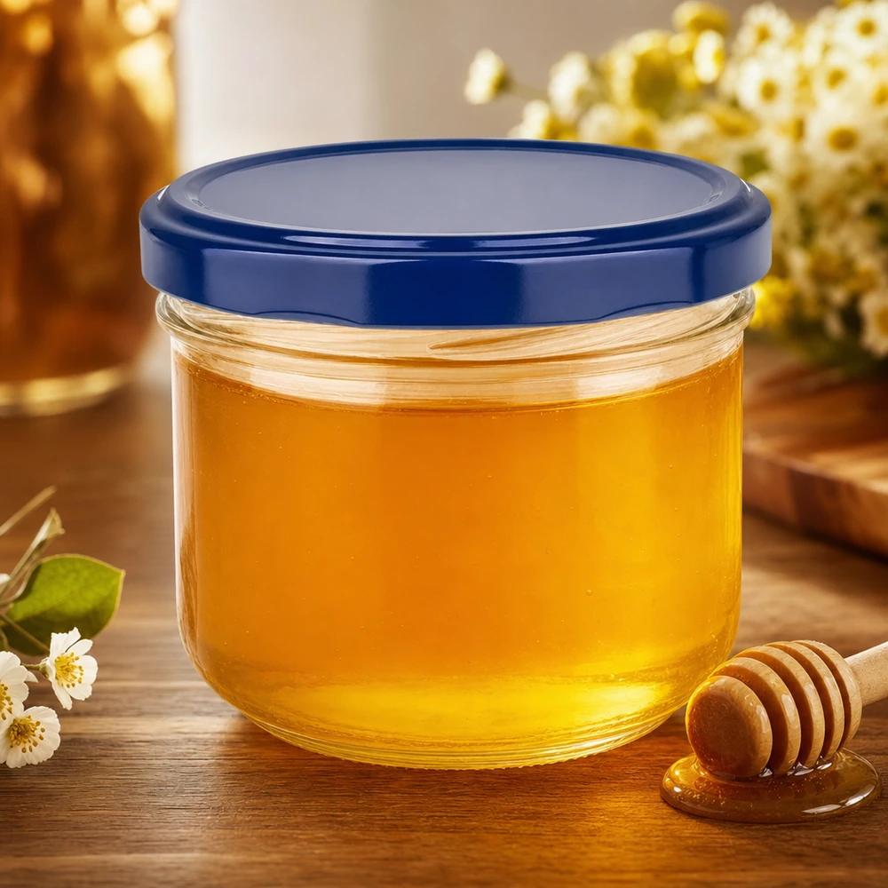 260ml Verre conique avec couvercle BasicSeal bleu UNiTWIST Pot renversé de 260 ml avec couvercle bleu BasicSeal rempli de miel - le pot twist-off idéal pour les confitures et les pâtes à tartiner
