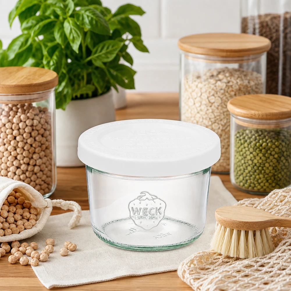 Bocal en verre de 80 ml avec couvercle hermétique WECK RR60 WECK Pot renversé 80ml RR60 dans une cuisine durable avec des bocaux à provisions de légumineuses et des ustensiles zéro déchet sur bois