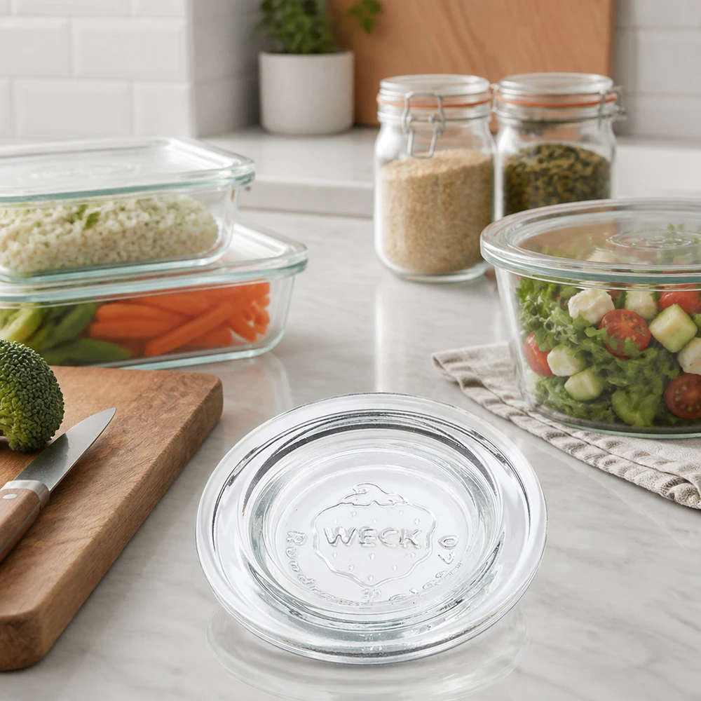 Couvercle en verre WECK RR40 WECK Couvercle en verre RR40 pour Meal Prep et stockage dans la cuisine moderne avec légumes et épices