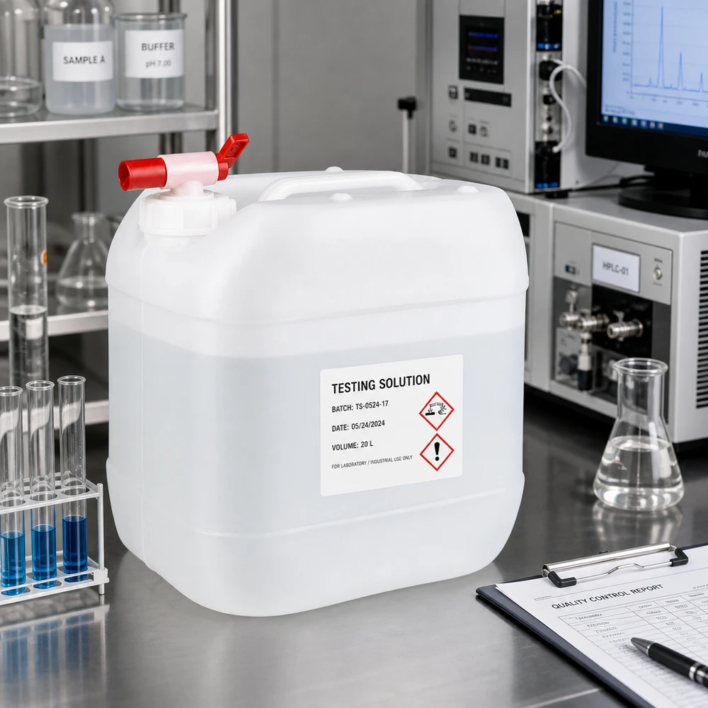 Jerrican de 15 litres avec robinet Bidon de 15 litres adapté au contact alimentaire, muni d'un robinet de vidange, destiné au stockage de solutions d'essai chimiques