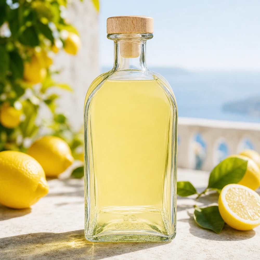 Flacon à pharmacie « Julia » 500 ml avec bouchon en bois UNiTWIST® Bouteille en verre Julia de 500 ml avec bouchon en bois remplie de liqueur de citron dans un décor méditerranéen avec des citrons frais