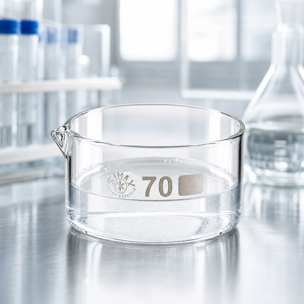 Coupelle de cristallisation 100 ml avec bec verseur Coupelle cylindrique plate en verre borosilicaté de 70 mm, utilisée en milieu de laboratoire professionnel avec des fioles d'Erlenmeyer