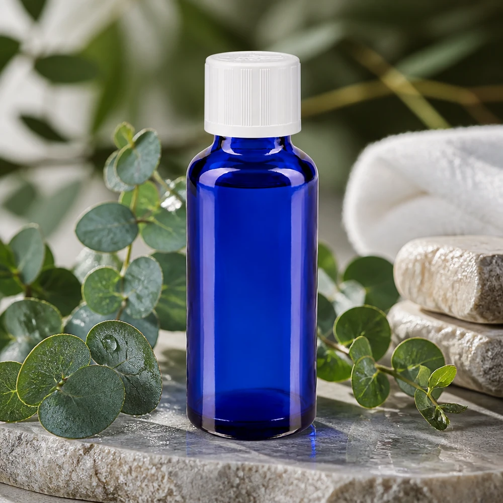 Flacon en verre bleu cobalt de 30 ml, muni d'un bouchon blanc à l'épreuve des enfants, entouré de feuilles d'eucalyptus fraîches