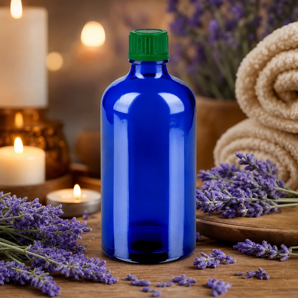 Flacon de 100ml 11mm SV vert STD BlueLine UT18/100 Bouteille de pharmacie 100ml en bleu élégant avec bouchon à vis vert de sécurité pour les enfants