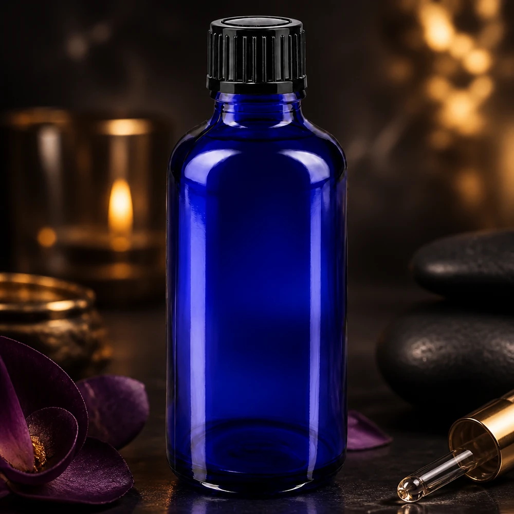 Flacon de pharmacie bleu cobalt de 50 ml avec bouchon standard de 11 mm, dans une ambiance spa