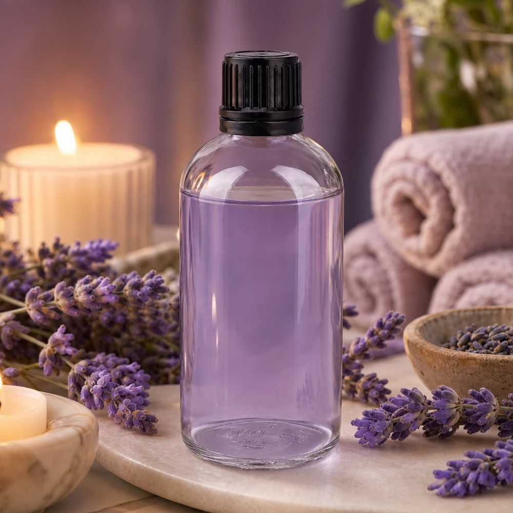 Flacon de 100ml (globule). 3mm GR s. STD ClearL. UT18/100 Flacon en verre de 100 ml rempli d'huile de lavande, présenté dans un décor de spa avec des bougies et des serviettes