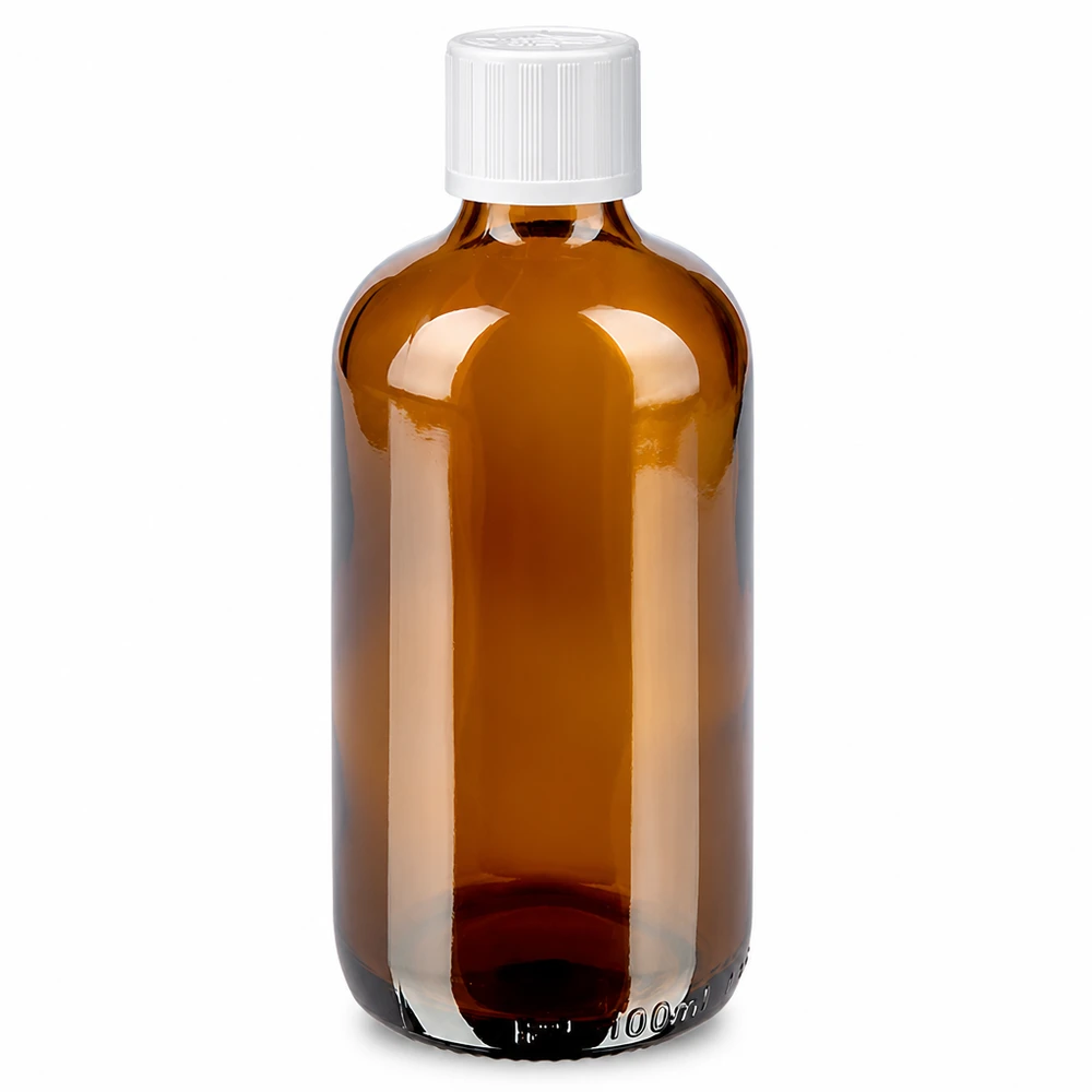 Bouteille de pharmacie brun 100ml bouchon vissable blanc sécurité enfant std Flacon de pharmacie de 100 ml en verre ambré avec bouchon à vis standard blanc à l'épreuve des enfants