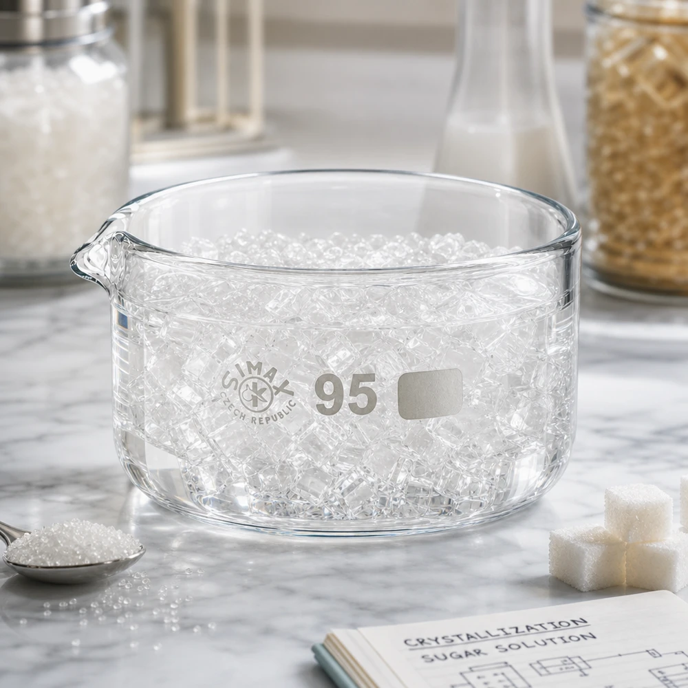 Coupelle de cristallisation 300 ml avec bec verseur Cristallisation du sucre dans un récipient en verre borosilicaté de 300 ml, ø 95 mm, muni d'un bec verseur – Démonstration pédagogique