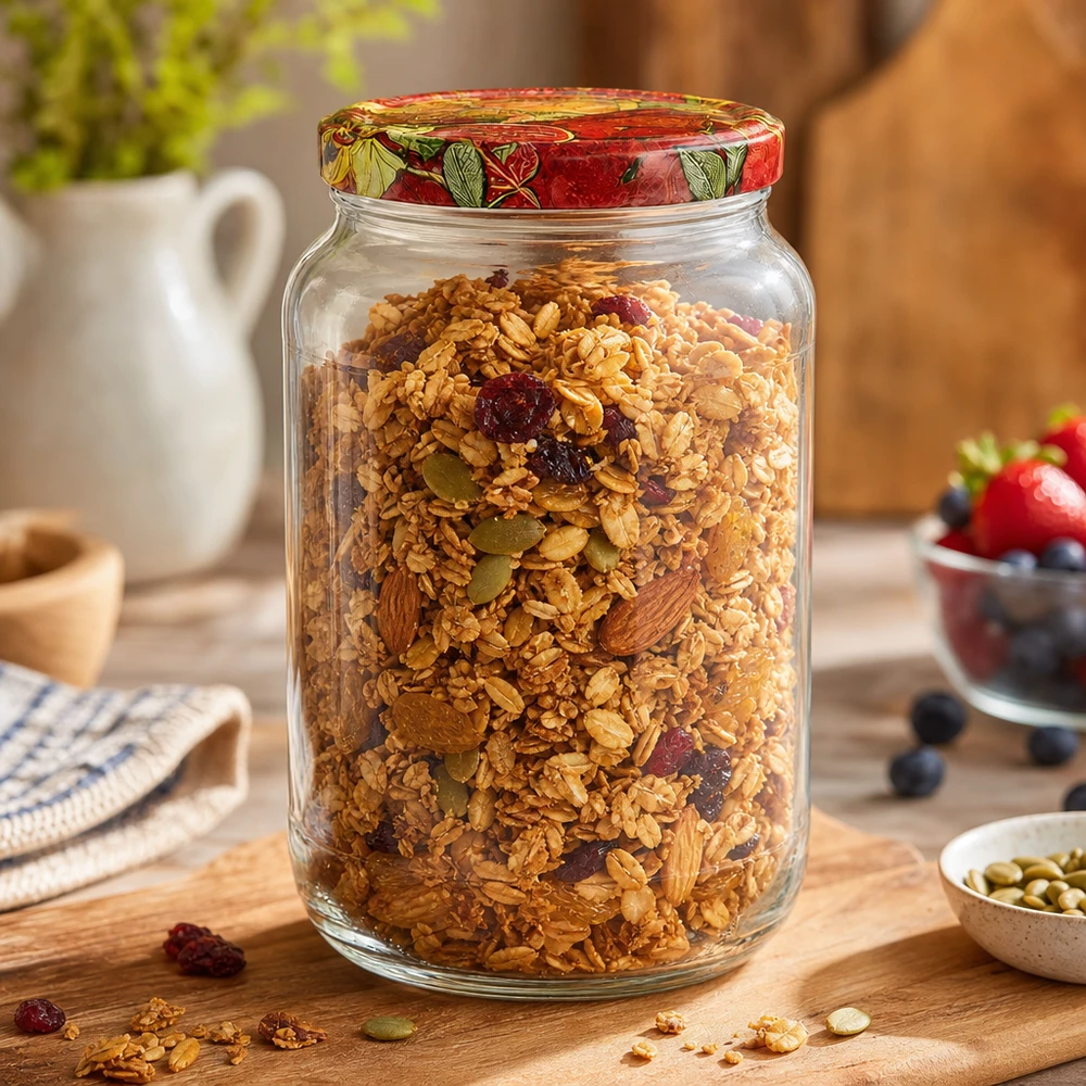 1062ml Bocal rond BasicSeal Couvercle Décor Fruits rempli de céréales Granola Noix Fruits secs Petit déjeuner Boîte à provisions