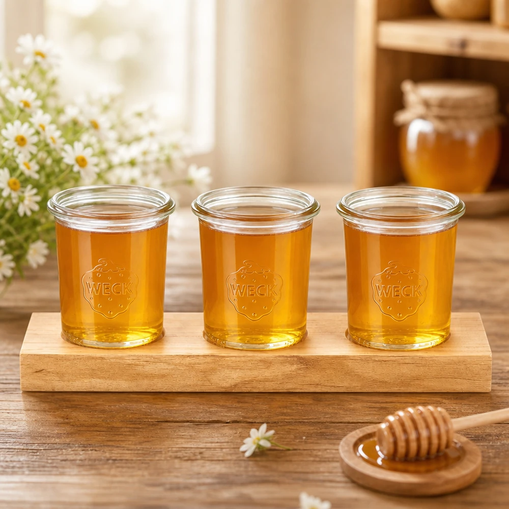 Plateau de service Plano3 avec 3 bocaux Weck de 160 ml Trois pots à larme Weck de 160 ml avec miel doré sur planche de service Plano3 à côté de la cuillère à miel et de la décoration florale