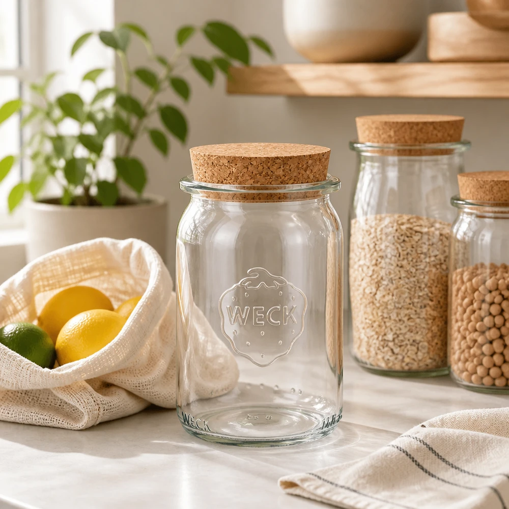 WECK Pot cylindrique 145ml RR40 vide avec couvercle en liège dans la cuisine durable zéro déchet à côté des légumineuses et des agrumes