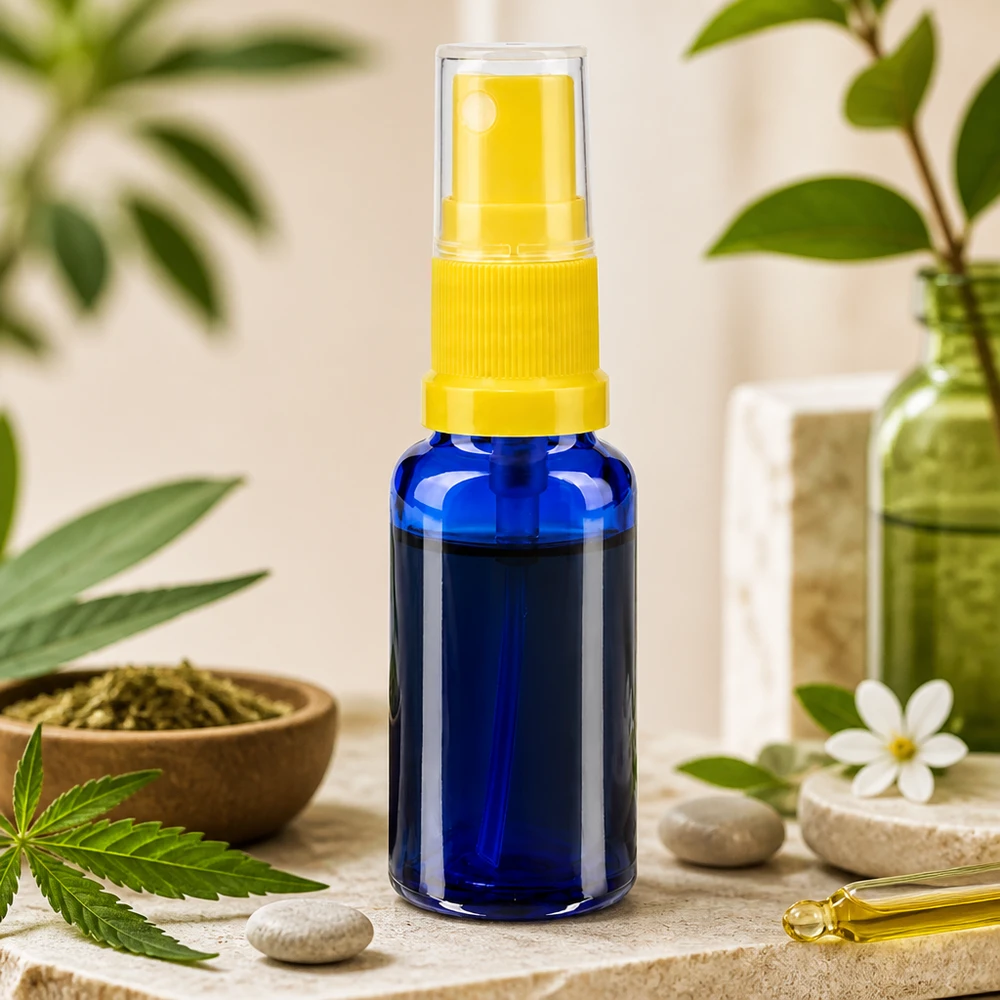 Flacon pulvérisateur compact en verre bleu de 20 ml avec tête de pulvérisation jaune, pour les cosmétiques naturels et l'aromathérapie