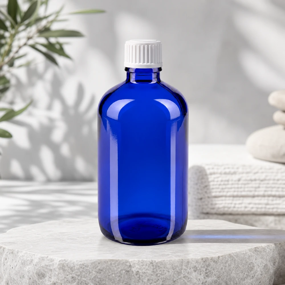 Flacon de pharmacie bleu 100ml bouchon vissable blanc Globuli Std Flacon de médicaments bleu cobalt de 100 ml en verre borosilicaté, avec bouchon blanc à sécurité enfant