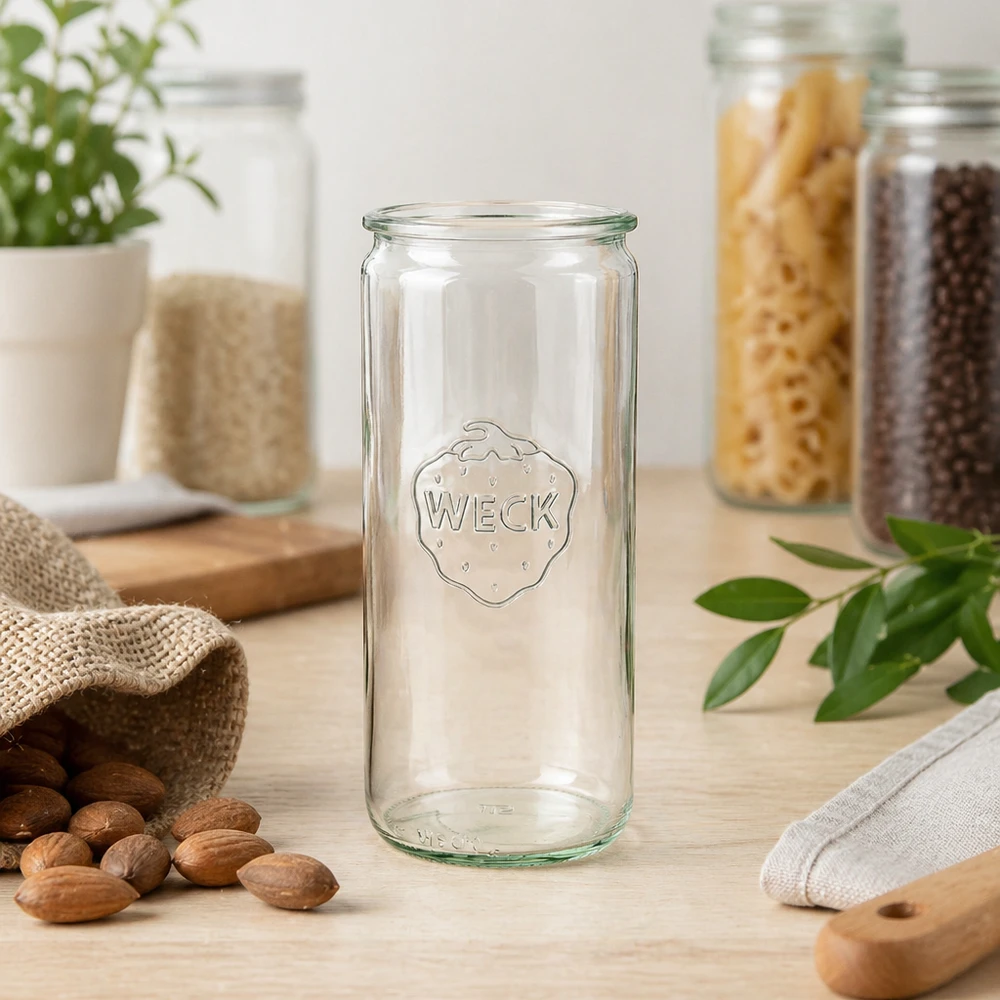 WECK Pot cylindrique 1040ml RR80 vide sur table en bois avec amandes et bocaux à provisions comme bocal de conservation durable