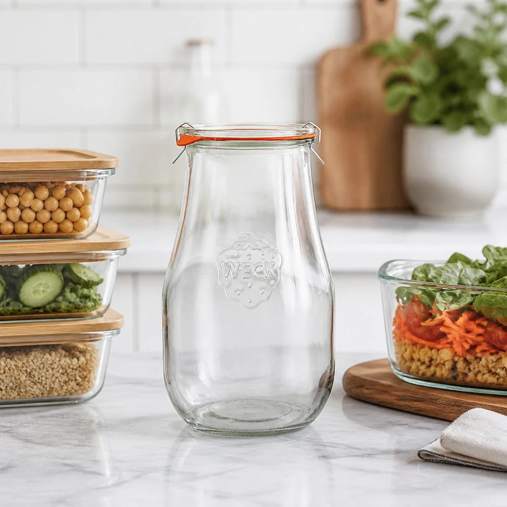 WECK Pot tulipe 2700ml RR100 vide avec fermeture à étrier dans la cuisine moderne entre les récipients à provisions et la salade