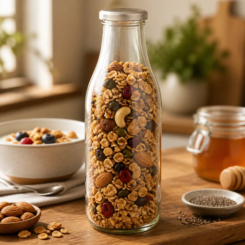 1000ml Bouteille avec couvercle BasicSeal argent UNiTWIST Bouteille en verre BasicSeal argentée de 1000 ml remplie de céréales, de noix et de fruits secs pour la conservation des aliments secs.