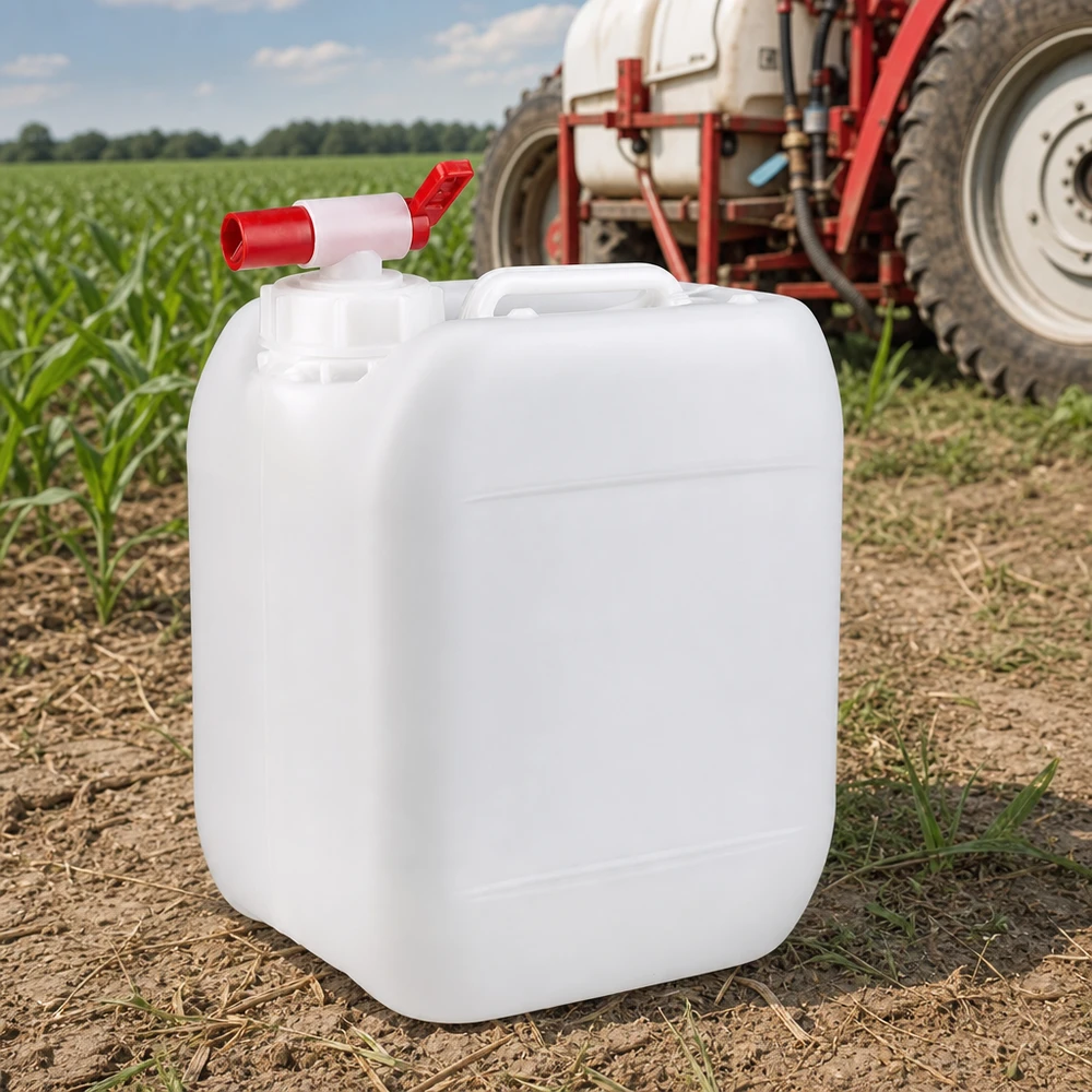 Bidon en plastique blanc de 5 litres muni d'un robinet, destiné aux applications agricoles sur le terrain